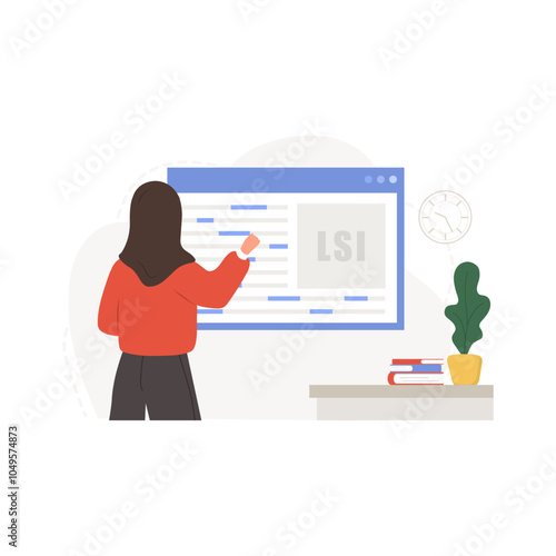 Lsi keyword service. Latent Semantic Indexing. Key phrases generator. Vector illustration in flat cartoon style. Arabian female character is engaged in Web analysis and word search optimization.