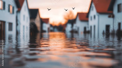 Flooded village at dusk, soft orange sky reflecting in murky waters, rooftops barely visible, birds circling above, wideangle shot from above photo