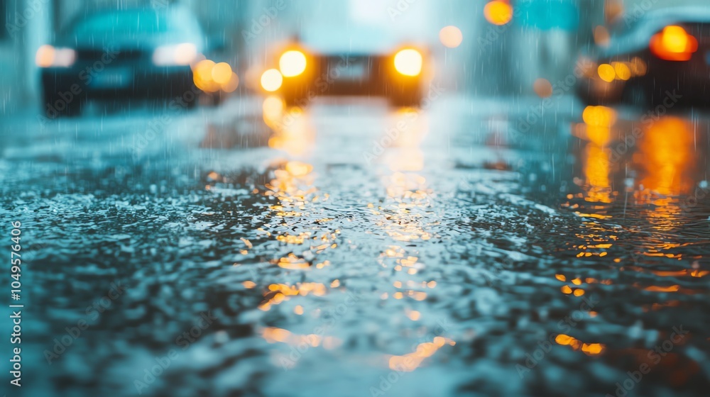 Heavy rain pouring down on a flooded road, traffic lights flickering in the water, cinematic shot from street level Heavy rain pouring down on a flooded road, traffic lights flickering in the water, cinematic shot from street level