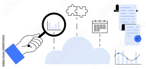 Hand with magnifying glass examining data. Includes puzzle piece, cloud, calendar, receipts, document with checkmark, and graph. Ideal for data analytics, cloud services, time management, finance