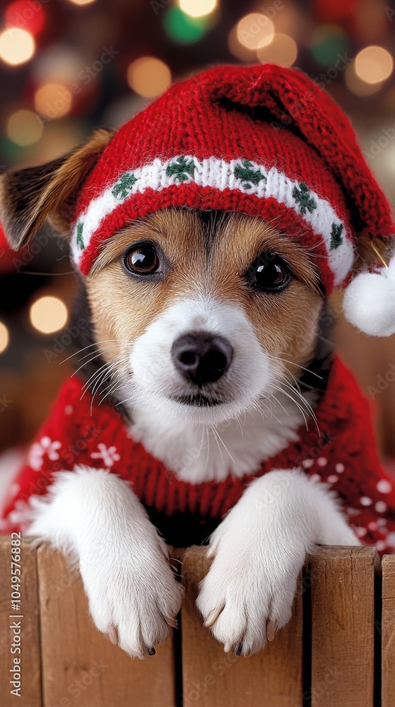 Cute Dog in Christmas Sweater and Hat Cute Dog in Christmas Sweater and Hat