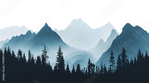 ragged mountain peaks and pine trees in silhouette isolated on a transparent background