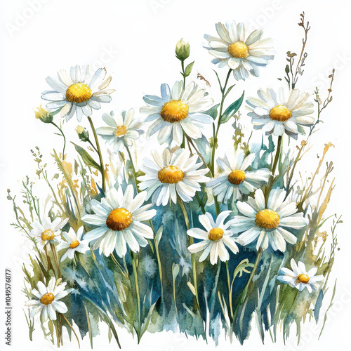 A painting of a field of white daisies with a blue background