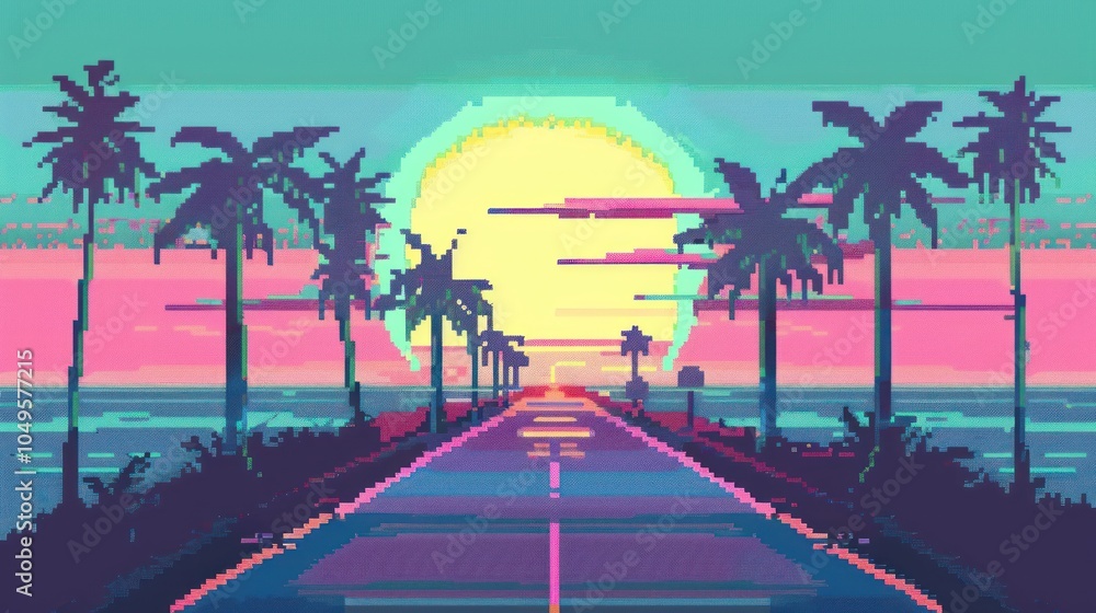 Naklejka premium Pixelated Sunset Road with Palm Trees