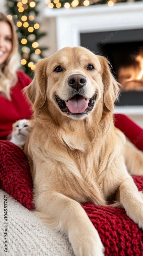 Golden Retriever Dog Relaxing on Red Blanket by Fireplace Golden Retriever Dog Relaxing on Red Blanket by Fireplace
