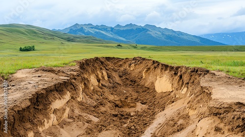 A hillside eroding rapidly as flash floodwaters carve deep channels through the soil, hillside erosion, flash flood destruction photo