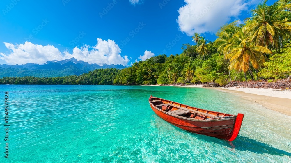 Exploring the serenity of a red wooden boat on a tropical beach with crystal clear turquoise waters Exploring the serenity of a red wooden boat on a tropical beach with crystal clear turquoise waters