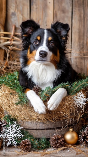 Cute Border Collie Puppy In Christmas Decor photo