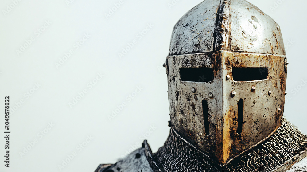 closeup of a silver knight helmet in chainmail armor with a white background closeup of a silver knight helmet in chainmail armor with a white background