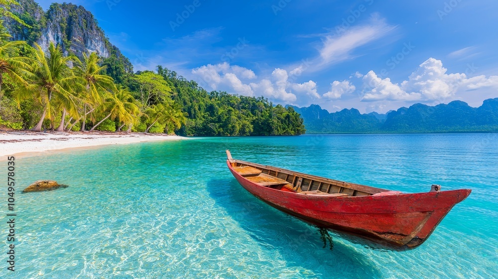 A serene escape discovering the beauty of a red wooden boat on a tropical beach with turquoise waters A serene escape discovering the beauty of a red wooden boat on a tropical beach with turquoise waters