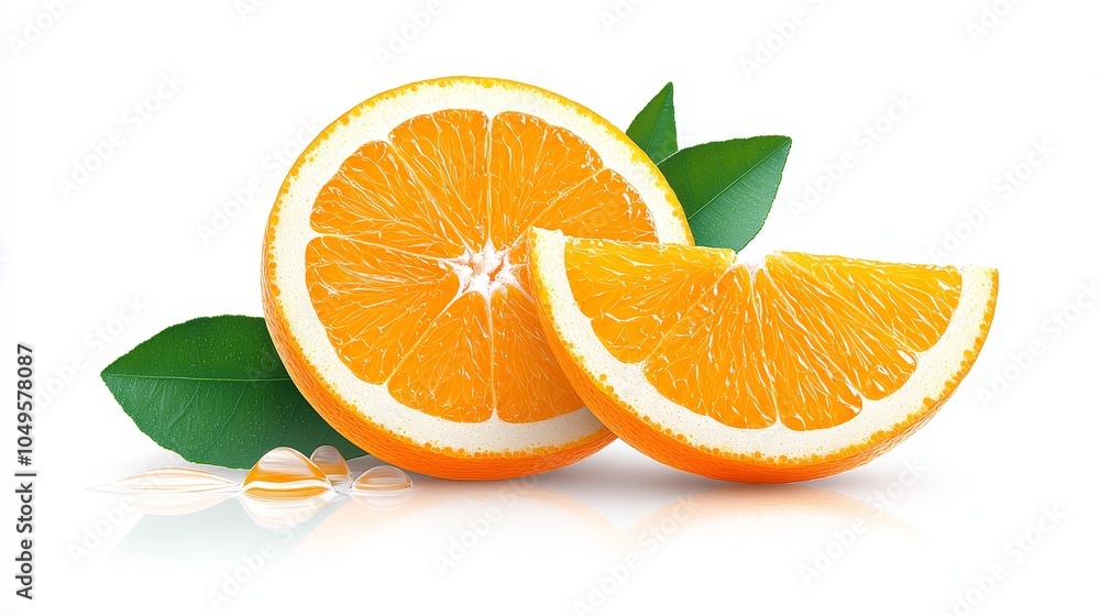 Fototapeta premium Fresh Sliced Orange with Green Leaves on White Background