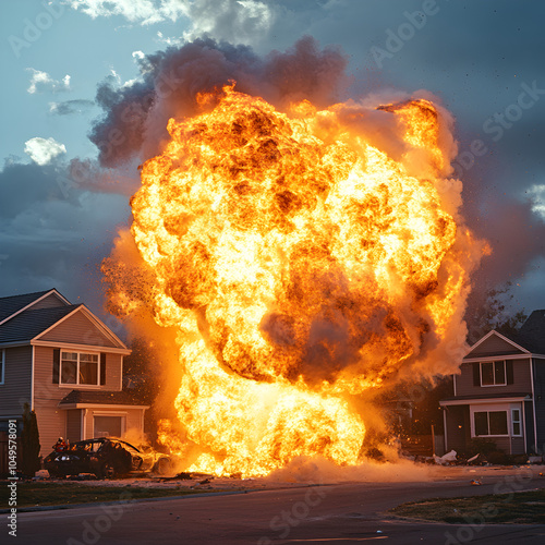 A suburban home exploding from a gas leak