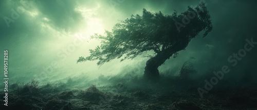 Hurricane Fury, a powerful storm unleashing fierce winds, uprooting trees and sending debris swirling through the chaotic air photo