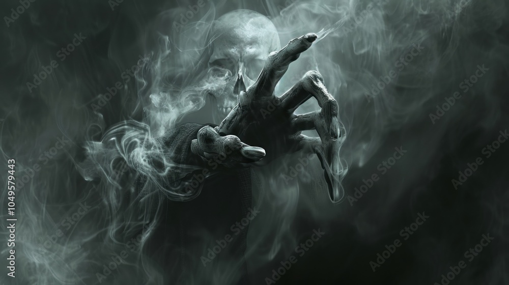 Fototapeta premium The Grim Reaper's hand reaching through the darkness his skeletal fingers almost touching the camera