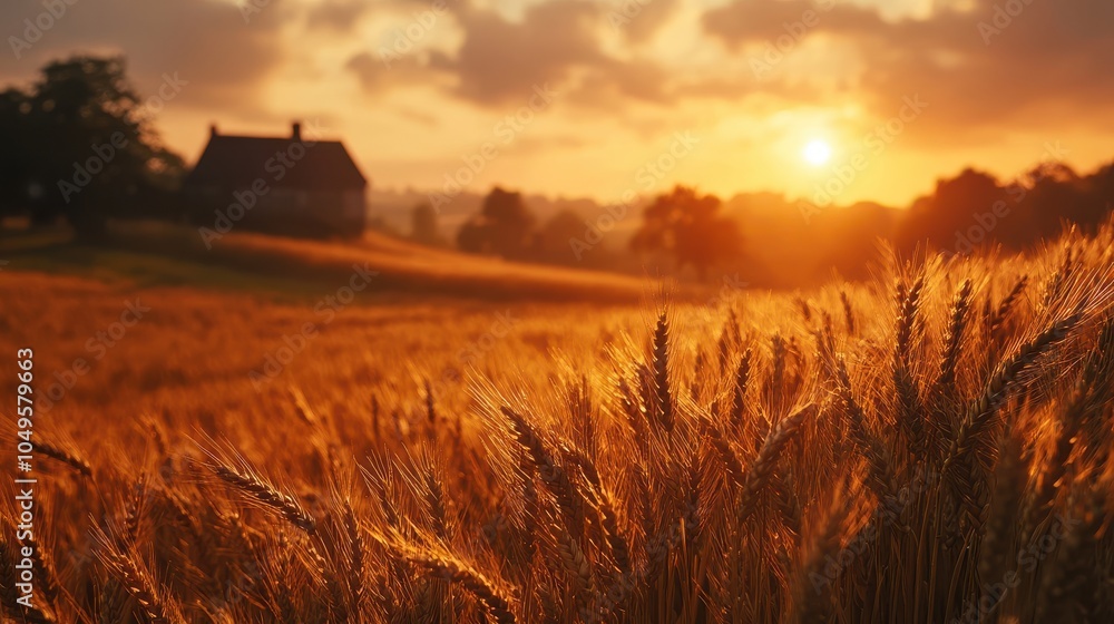 Obraz premium A field of golden wheat with a house in the background. Generative AI