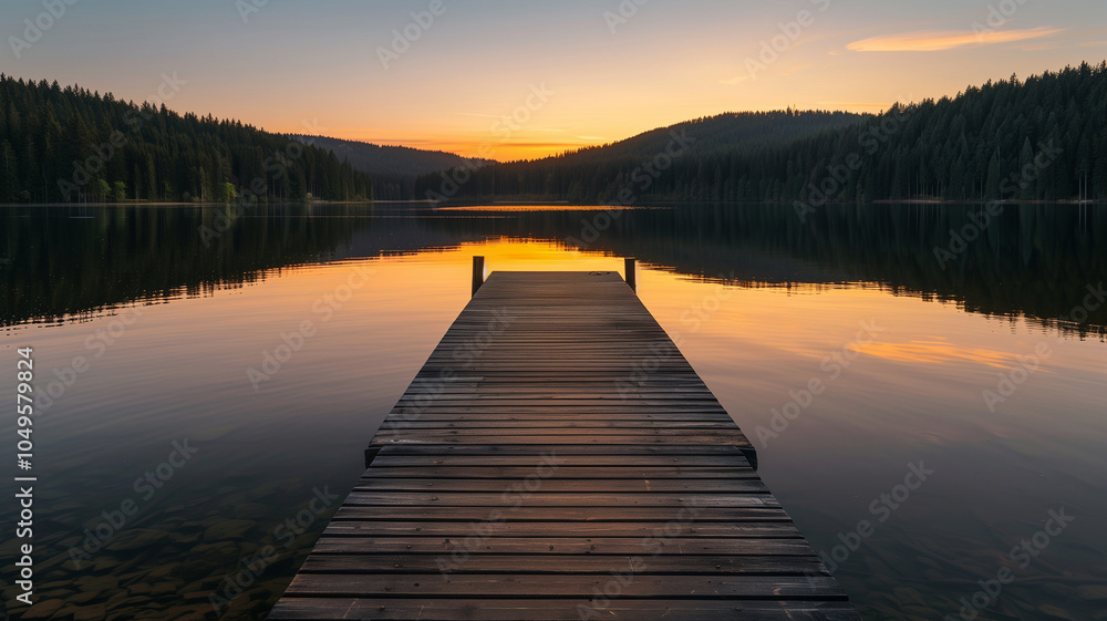 Fototapeta premium A wooden pier on a calm lake at sunset or sunrise and mountain with forest