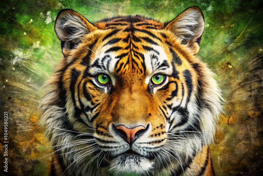 Fototapeta premium Grunge Ink Pen Drawing of Tiger Face with Striking Green Eyes in High Depth of Field