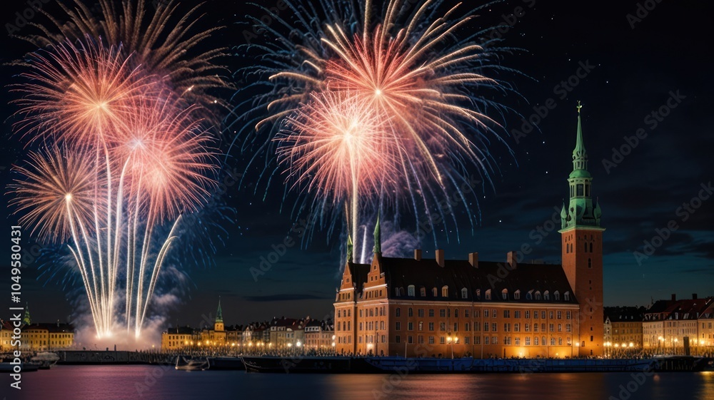 Naklejka premium A vibrant fireworks display lights up the night sky over a historic building and water.