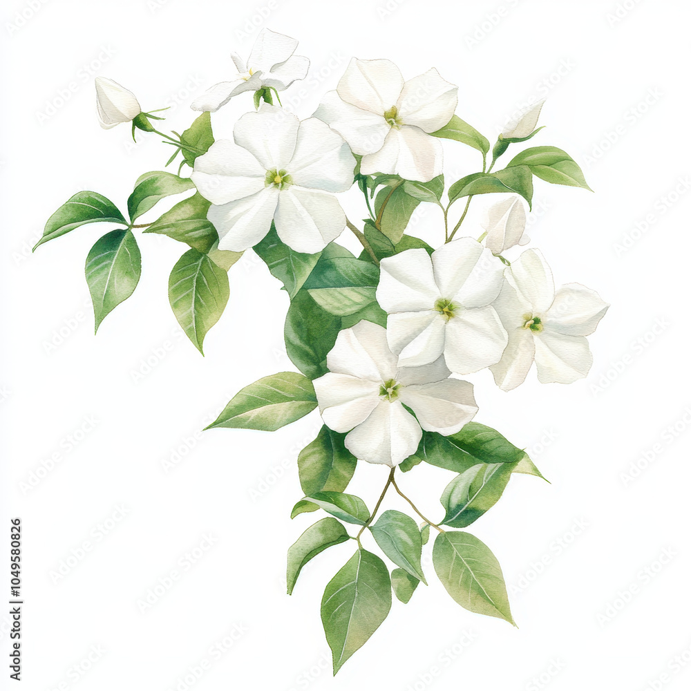 A white flower with green leaves is on a branch A white flower with green leaves is on a branch