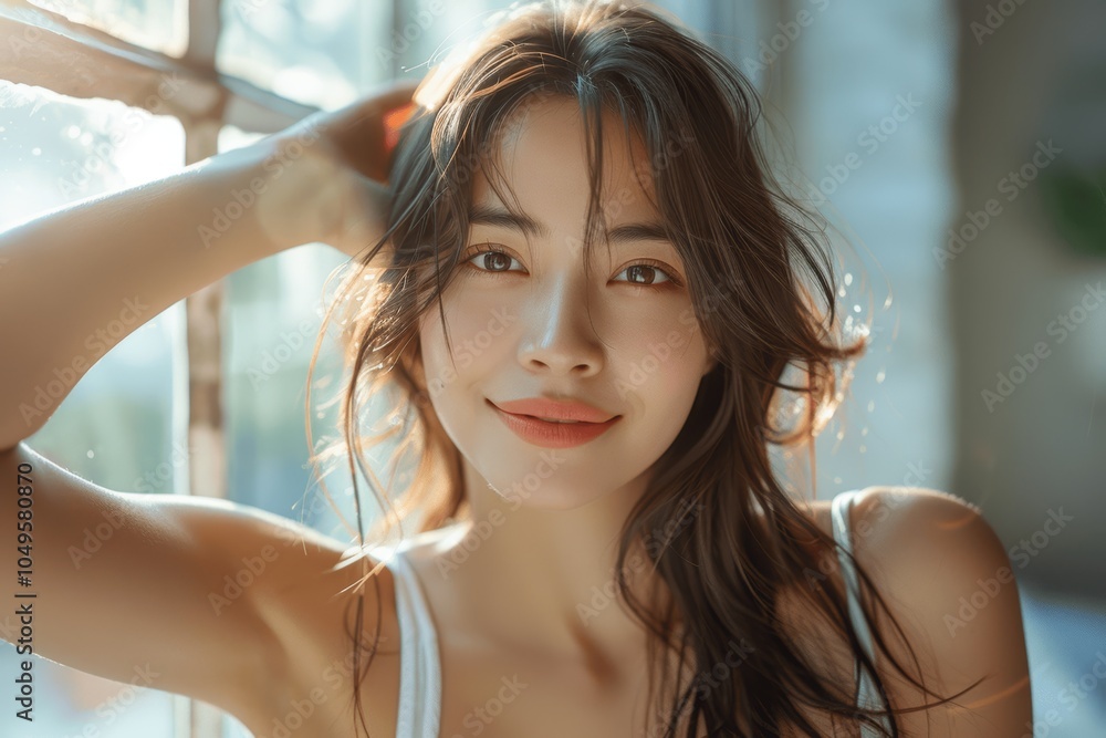 Smiling Asian Woman in Bright Room with Sunlight Smiling Asian Woman in Bright Room with Sunlight