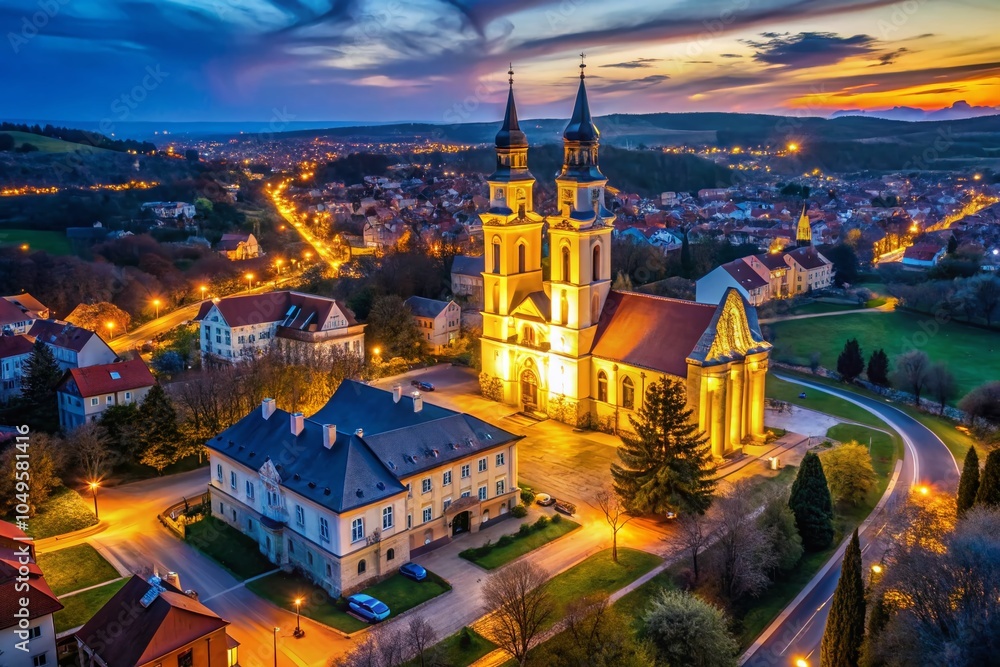 Fototapeta premium Aerial Night Photography of Roman Catholic Church in Fot, Hungary - Stunning Spring Day with Clear Blue Sky