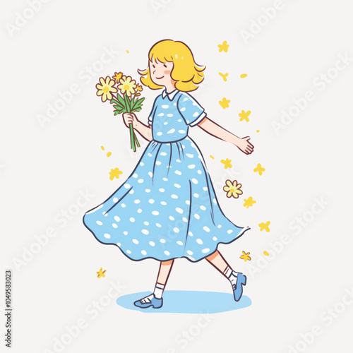 Happy girl holding flowers illustration