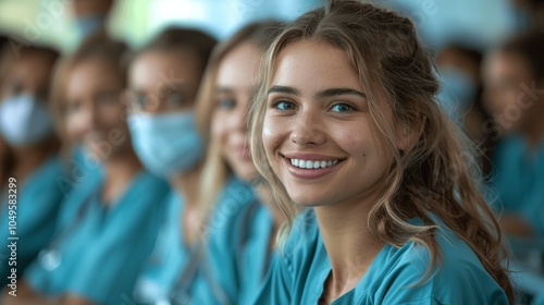 diverse group of smiling student nurses in scrubs during hospital educational lecture photo