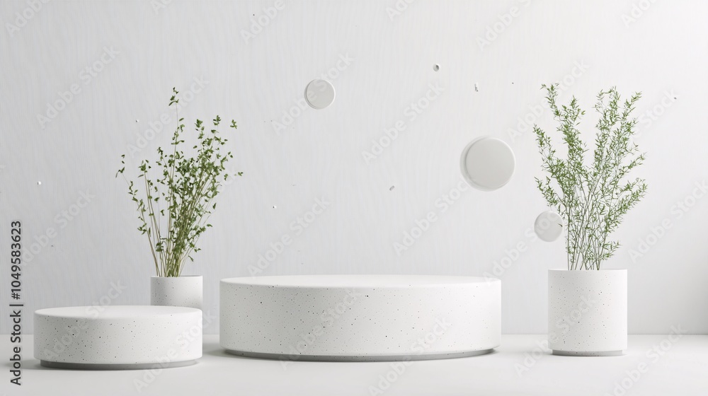 2410 36.A minimalistic product display scene featuring three round podiums of varying heights, with floating circular shapes decorating the white background. The clean design emphasizes simplicity 2410 36.A minimalistic product display scene featuring three round podiums of varying heights, with floating circular shapes decorating the white background. The clean design emphasizes simplicity