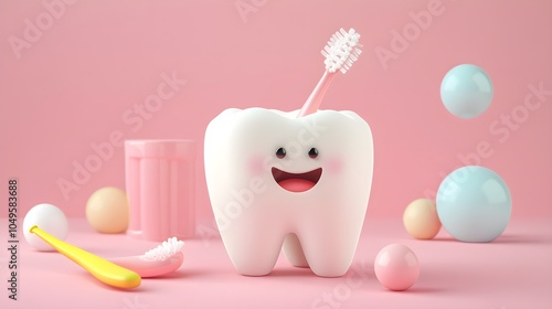 Happy Tooth Brushing with Toothbrush and Toothpaste on Pink Background