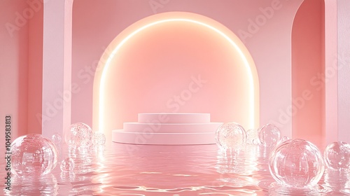 2410 108.A pink arch forms the backdrop, with a podium gently resting on water surrounded by glass bubbles. The neon-lit walls cast a soft glow, highlighting the podium and bubbles in a modern,