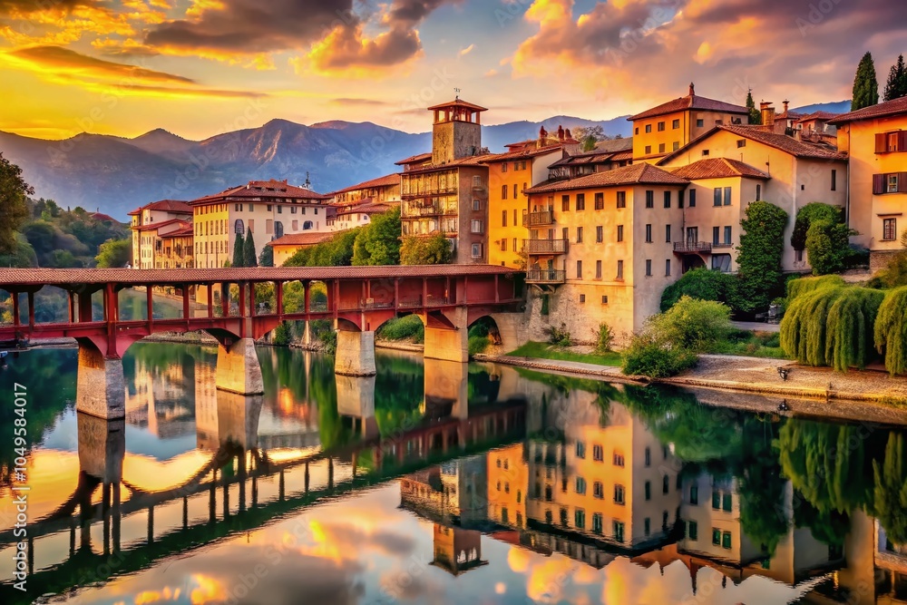 Naklejka premium Historic Ponte Vecchio of Bassano del Grappa - Iconic Italian Wooden Bridge in Stunning Detail