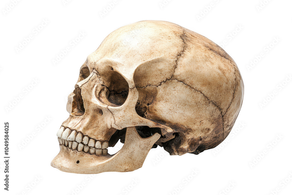 Obraz premium A detailed human skull displayed against a black background, showcasing its structural anatomy and intricate features.
