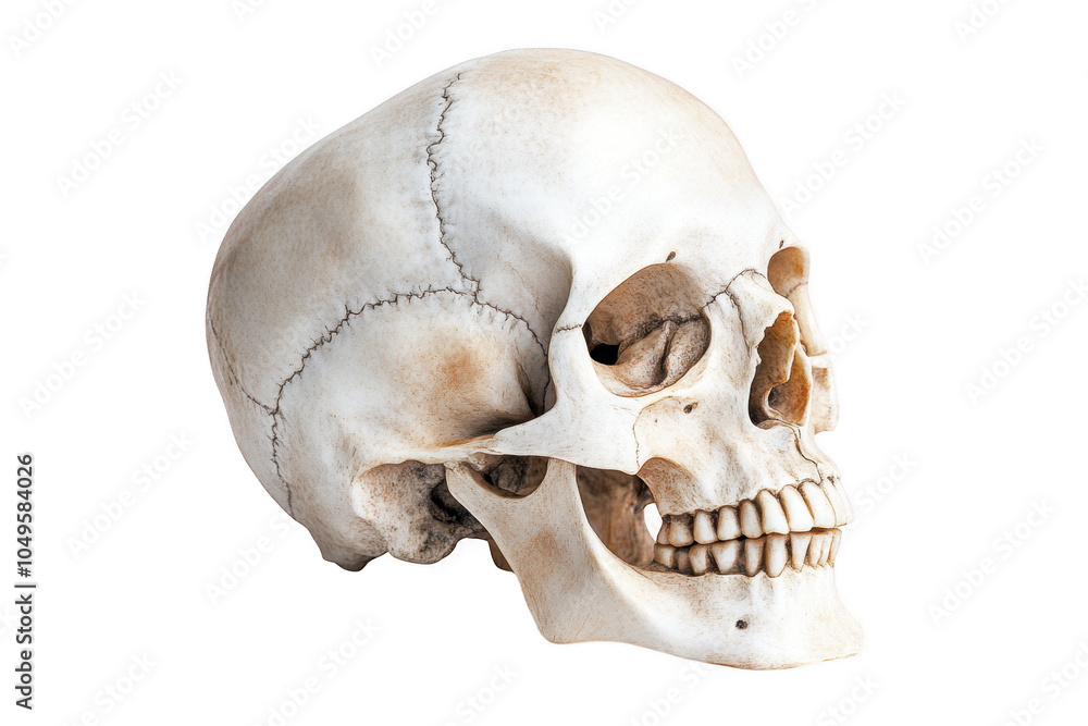 A detailed human skull displayed from the side against a black background, showcasing intricate features and anatomical details. A detailed human skull displayed from the side against a black background, showcasing intricate features and anatomical details.