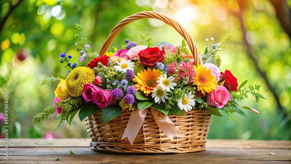 Colorful bouquet of mixed flowers arranged in a wicker basket with fresh greenery and ribbons, celebration, gift basket, flowers, arrangement Colorful bouquet of mixed flowers arranged in a wicker basket with fresh greenery and ribbons, celebration, gift basket, flowers, arrangement