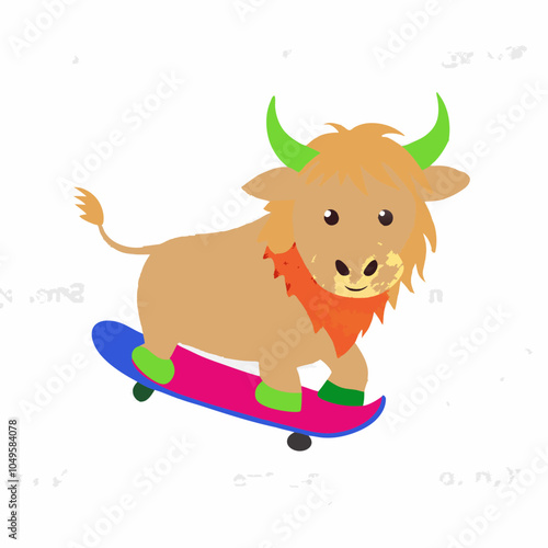 Cool Yak on a Skateboard: A cartoon yak with a big smile, wearing green shoes and an orange scarf, rides a pink skateboard with a confident and cool attitude.