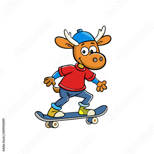 Cool Moose Skateboarding: Cartoon illustration of a happy moose skateboarding.  Perfect for kids' apparel, websites, or branding.