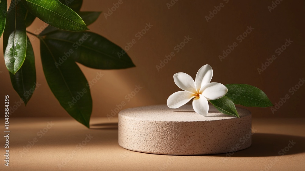 2410 41.A round pedestal is framed by a single white flower and a fresh green leaf, set against a warm brown background. The simplicity and natural beauty of the composition make it perfect for 2410 41.A round pedestal is framed by a single white flower and a fresh green leaf, set against a warm brown background. The simplicity and natural beauty of the composition make it perfect for