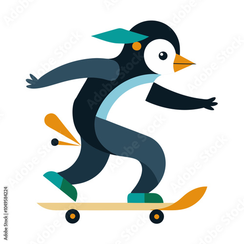 Cool Penguin Skateboarding: A stylish penguin glides effortlessly on a skateboard, showcasing a vibrant, geometric design. Perfect for children's books, apparel, and playful branding. 