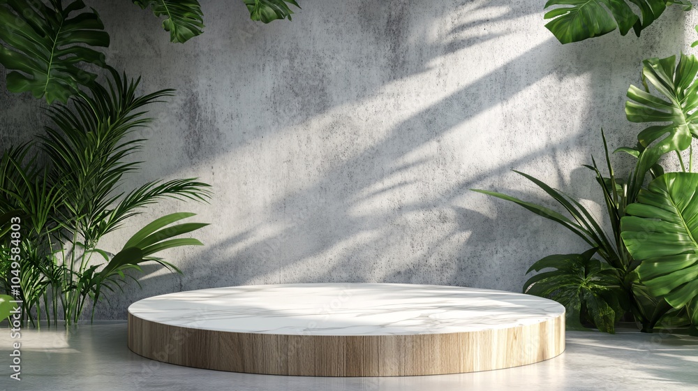 2410 95.A 3D-rendered scene of a white marble platform with wooden details, set against a concrete wall with soft green leaf shadows. The modern, organic feel makes it ideal for showcasing beauty and 2410 95.A 3D-rendered scene of a white marble platform with wooden details, set against a concrete wall with soft green leaf shadows. The modern, organic feel makes it ideal for showcasing beauty and