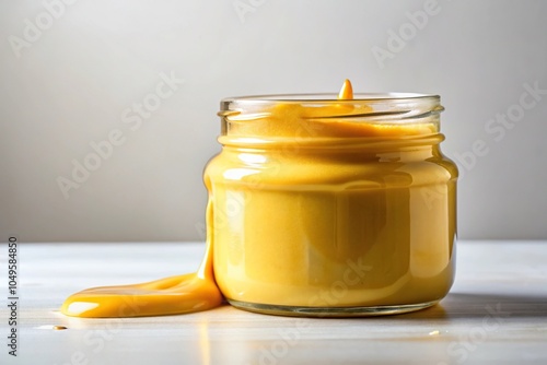 Close-up of a thick, gloopy mustard dripping from the rim of a glass container onto a white surface, kitchen mess, yellow photo