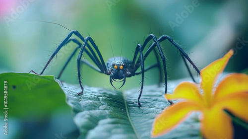 A black spider with yellow eyes sits on a green leaf with a yellow flower in the background.