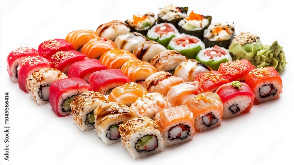 Sushi rolls white background fresh vibrant appetizing simplicity. AI generated Sushi rolls white background fresh vibrant appetizing simplicity. AI generated