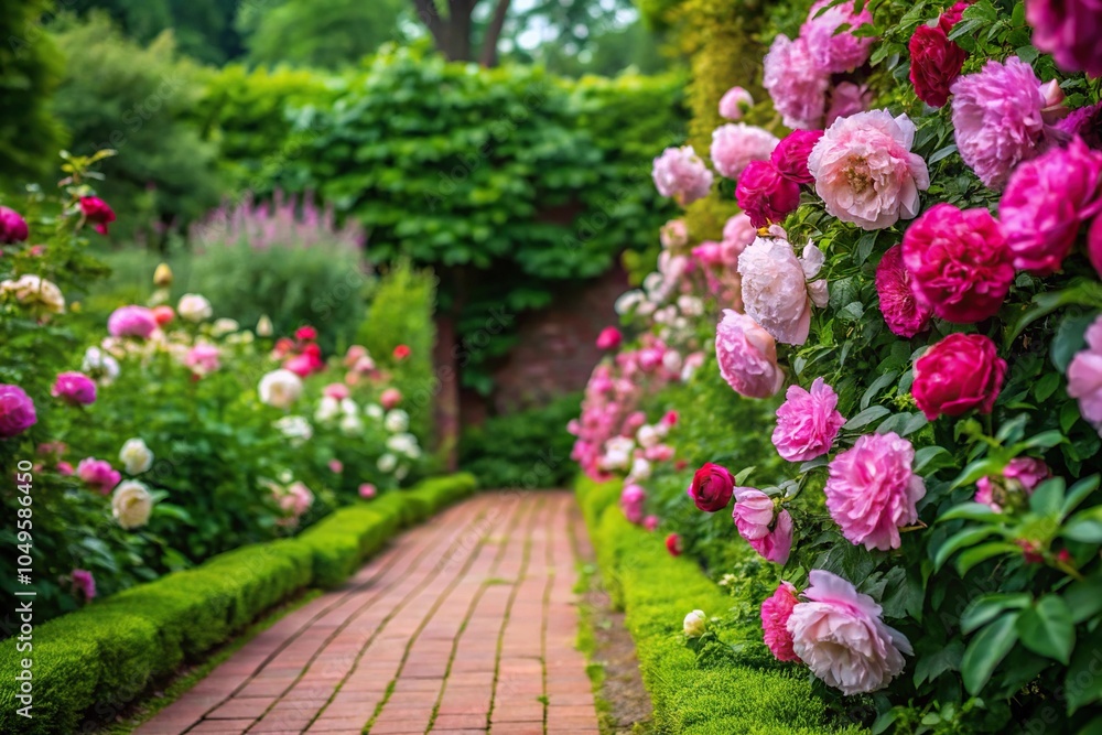 Beautiful peonies and roses form a lush border along a meandering brick path, gardening, roses, floral arrangement, garden decor Beautiful peonies and roses form a lush border along a meandering brick path, gardening, roses, floral arrangement, garden decor