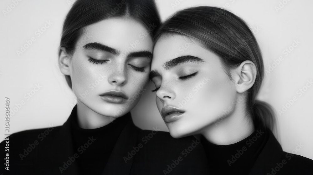 A black and white portrait of two beautiful women with their eyes closed and touching forehead to forehead. Both women are wearing black tops. Cover models. A black and white portrait of two beautiful women with their eyes closed and touching forehead to forehead. Both women are wearing black tops. Cover models.
