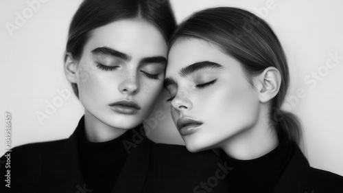 A black and white portrait of two beautiful women with their eyes closed and touching forehead to forehead. Both women are wearing black tops. Cover models.