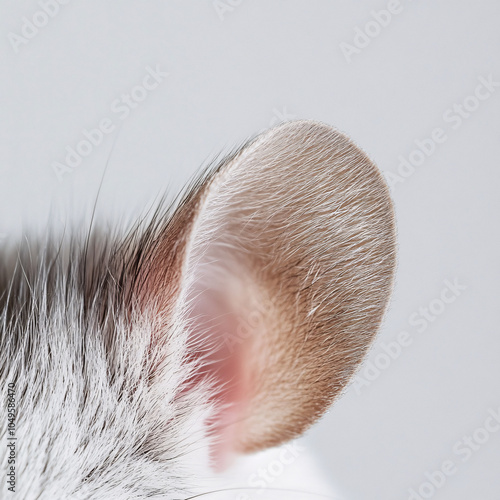 close up of a white and tan cat ear with soft fur  and a pink inner ear photo