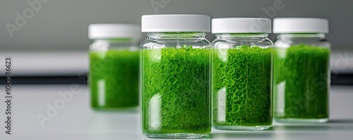 Algae-based biofuel research, bright green algae in glass containers under eco-friendly LED lighting, showcasing renewable energy sources photo