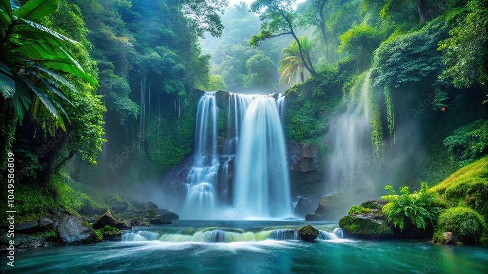 Fototapeta premium Aqua falls from a misty waterfall in the middle of a jungle, waterfall, tropical, aquatic, foliage, jungle