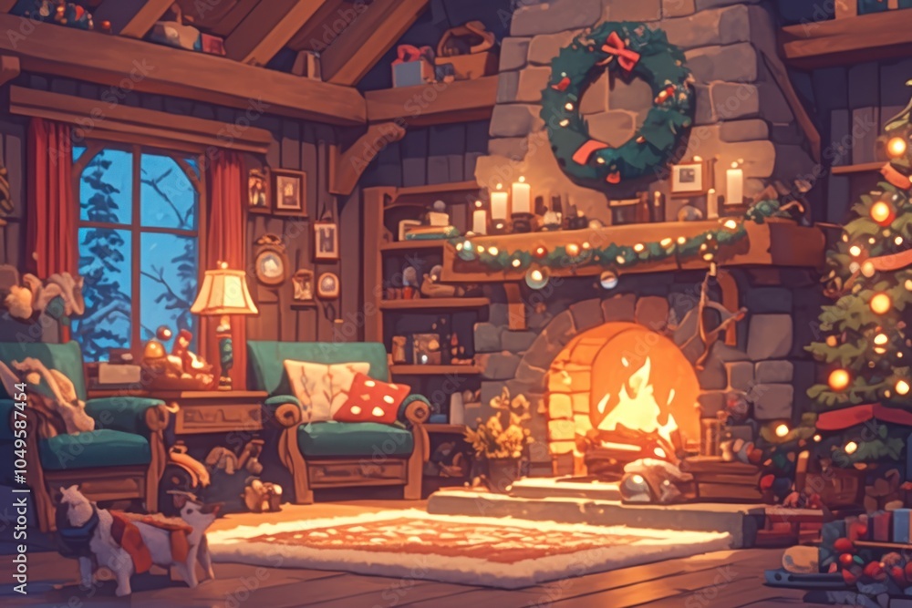 Obraz premium Cozy Winter Cabin Illustration with Fireplace, Christmas Tree, and Festive Decorations