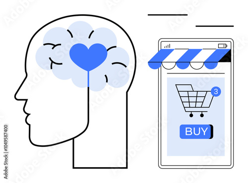 A human head with a heart-shaped brain, next to a smartphone displaying a shopping cart and a buy button. Ideal for online shopping, consumer psychology, e-commerce, digital marketing, and user